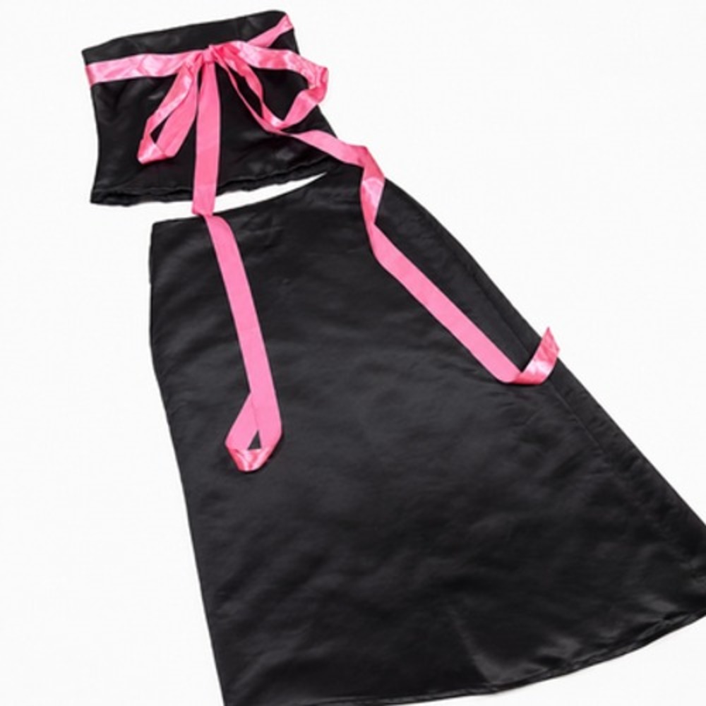 WTOO Top Skirt Set Womens 10 Black Satin Pink Bow Belted Formal Maxi Evening